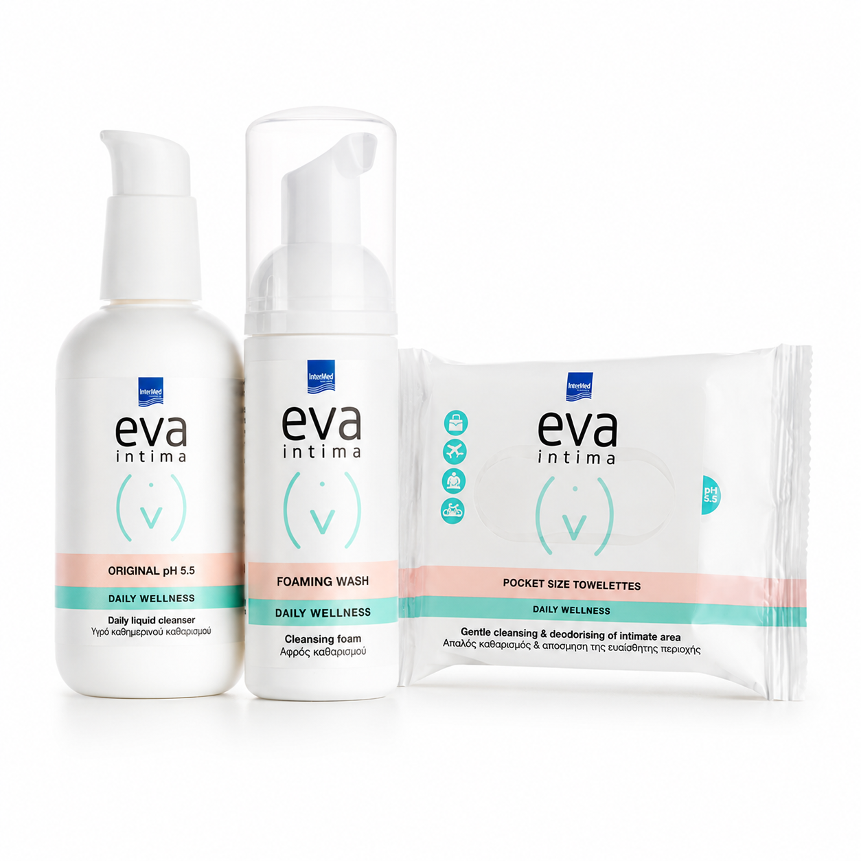 INTERMED - EVA INTIMA Daily Wellness Travel Kit Pocket Size Towelettes - 10τεμ., Foaming Wash - 50ml & Original pH3.5 - 60ml