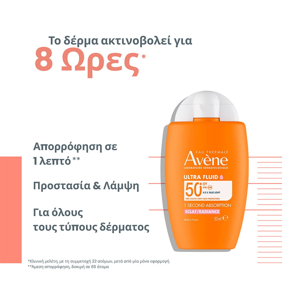 AVENE - Ultra Fluid Radiance SPF50+ Λεπτόρρευστο Αντηλιακό Προσώπου για Φυσική Λάμψη του Δέρματος - 50ml