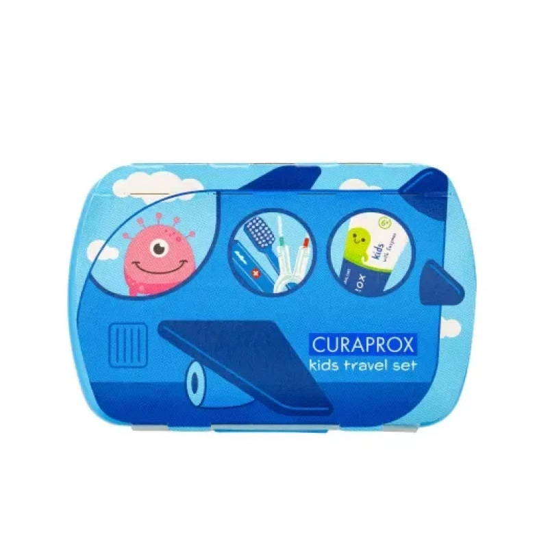 CURAPROX - TRAVEL SET Γαλάζιο Οδοντόβουρτσα Kids Ultra Soft (4-12 ετών), Οδοντόκρεμα με γεύση καρπούζι - 10ml & Μεσοδόντια Βουρτσάκια (06-τυρκουάζ & 07-κόκκινο)