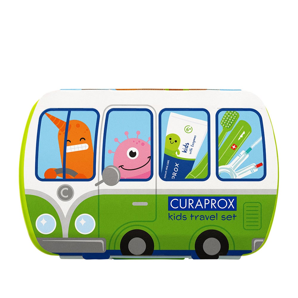 CURAPROX - TRAVEL SET Πράσινο Οδοντόβουρτσα Kids Ultra Soft (4-12 ετών), Οδοντόκρεμα με γεύση καρπούζι - 10ml & Μεσοδόντια Βουρτσάκια (06-τυρκουάζ & 07-κόκκινο)