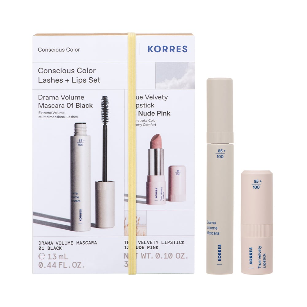 KORRES - PROMO PACK VOLCANIC MINERALS Mascara Drama Volume Black (01) - 11ml & TRUE VELVETY Lipstick 13 Nude Pink