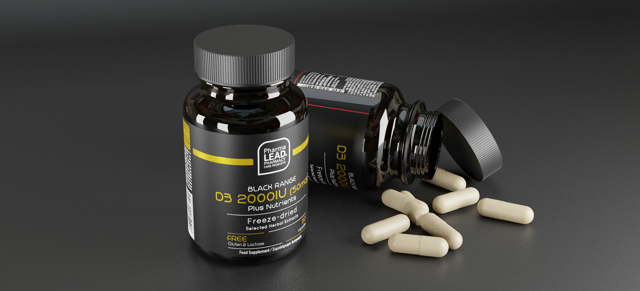 PHARMALEAD - BLACK RANGE D3 2000IU Plus Nutrients Συμπλήρωμα διατροφής με βιταμίνη D, βιταμίνη Κ, Bioperine® και λυοφιλιωμένα φυτικά εκχυλίσματα - 60caps