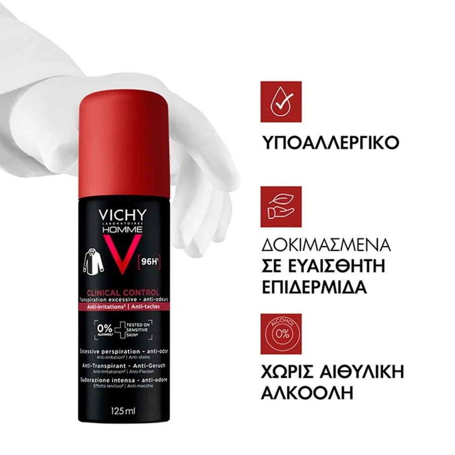 VICHY - HOMME Clinical Control Anti-Transpirant 96H Αποσμητικό σπρέι για 96ώρες προστασίας - 125ml