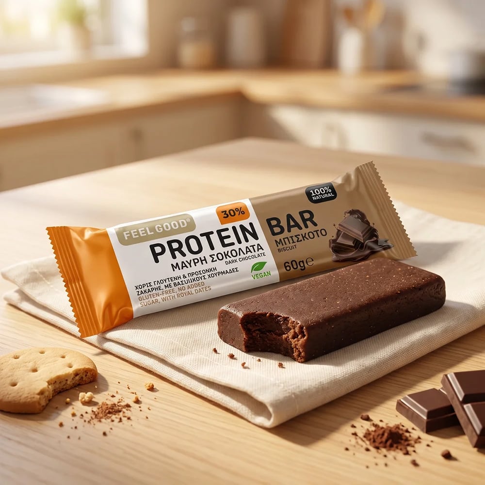 FEEL GOOD - Dark Chocolate Biscuit Protein Bar Πρωτεϊνική Μπάρα Μπισκότο Μαύρη Σοκολάτα