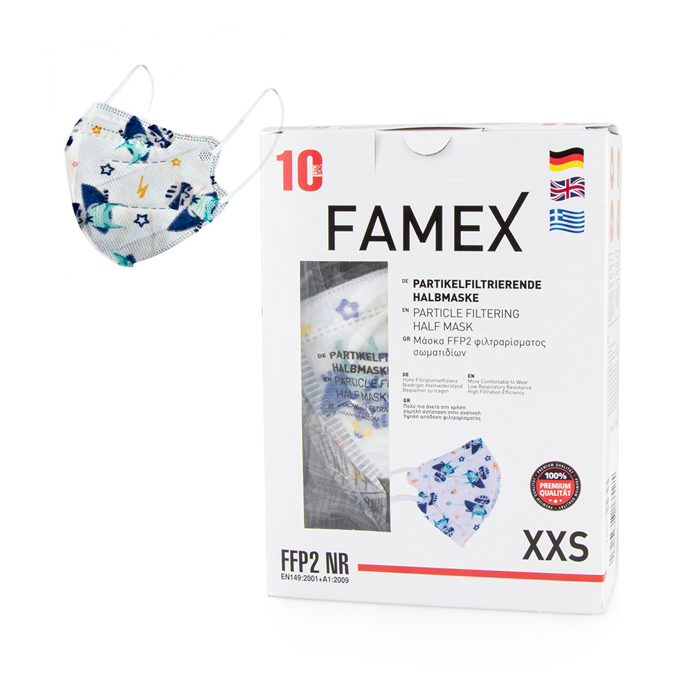 FAMEX MASK - Παιδική Μάσκα Υψηλής Προστασίας FFP2 (λευκή - σχέδιο αγόρι super ήρωας) - 10τεμ.