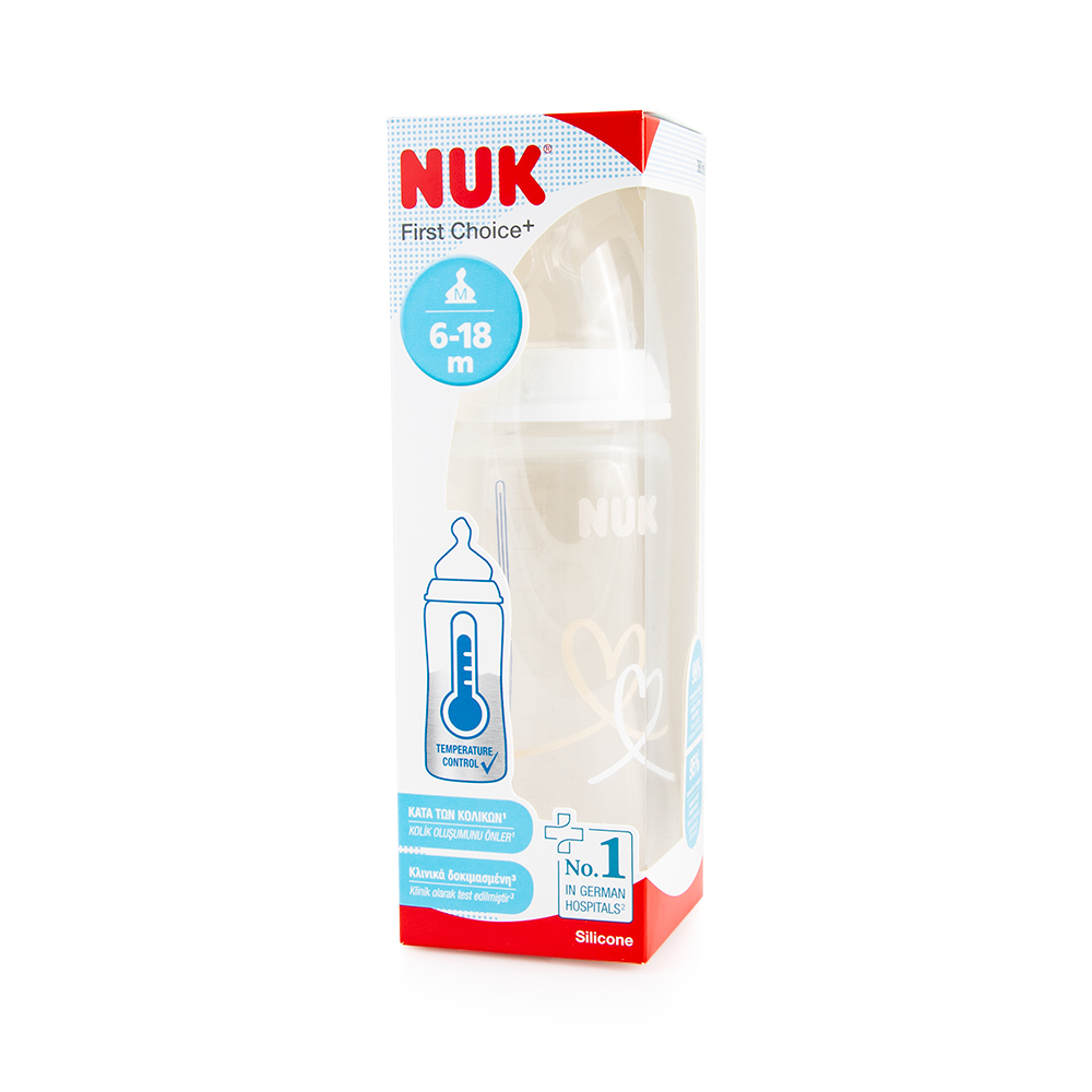 NUK - FIRST CHOICE+ Πλαστικό Μπιμπερό Θηλή Σιλικόνης με Δείκτη Ελέγχου Θερμοκρασίας 6-18m (λευκό με καρδιές) - 300ml