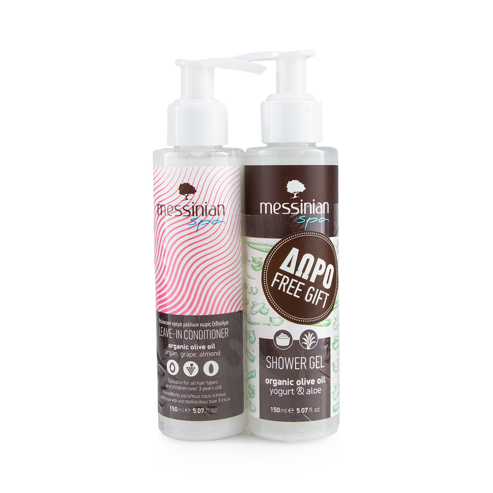 MESSINIAN SPA - PROMO PACK ORGANIC OLIVE OIL Leave-in Conditioner Argan, Grape & Almond - 150ml ΜΕ ΔΩΡΟ Shower Gel Yogurt & Aloe - 150ml