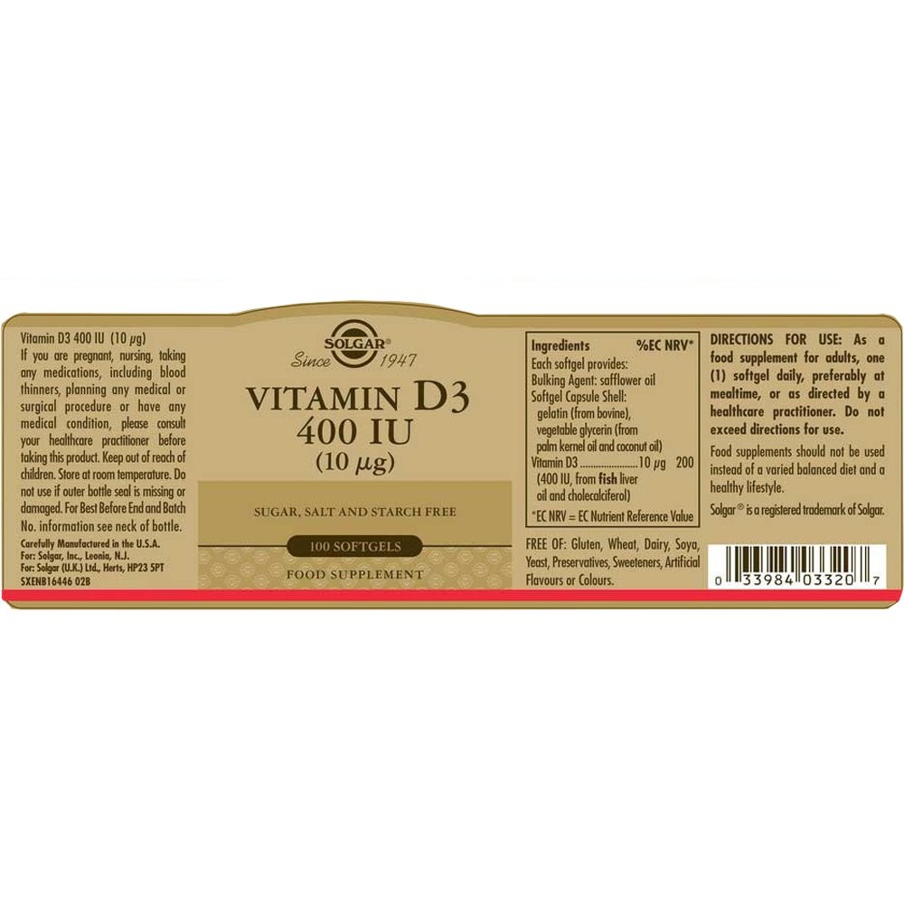 SOLGAR - Vitamin D3 400IU (10μg) - 100softgels