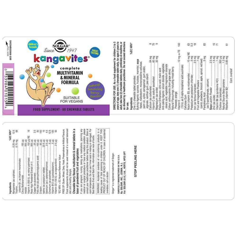 SOLGAR - KANGAVITES Complete Multivitamin & Mineral Formula (Berry Flavour) - 60chew.tabs