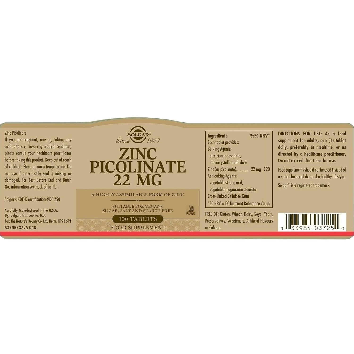 SOLGAR - Zinc Picolinate 22mg - 100tabs