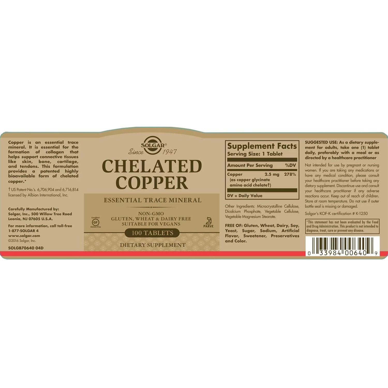 SOLGAR - Chelated Copper 2500μg - 100tabs