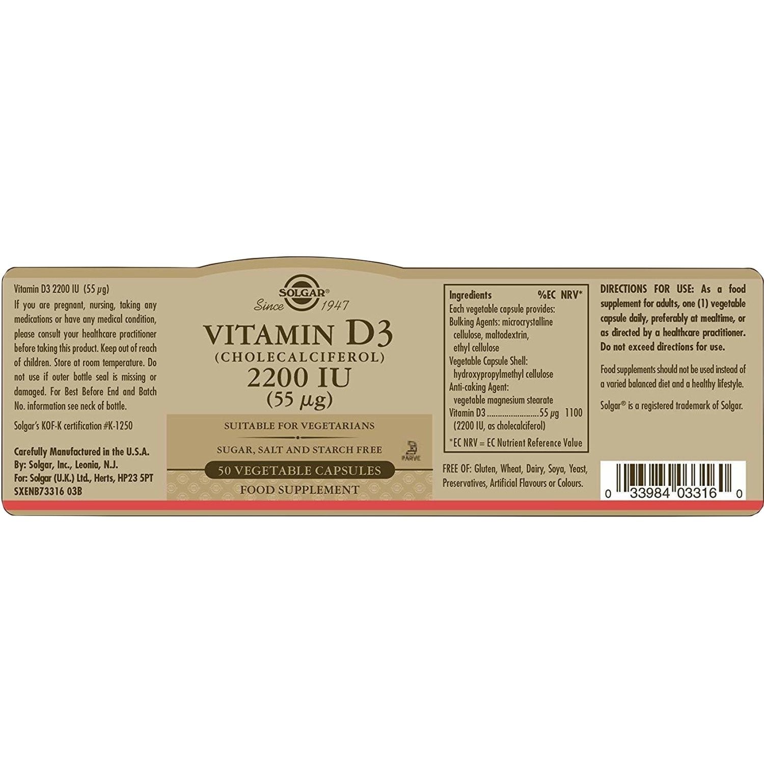 SOLGAR - Vitamin D3 2200IU (55μg) - 50caps