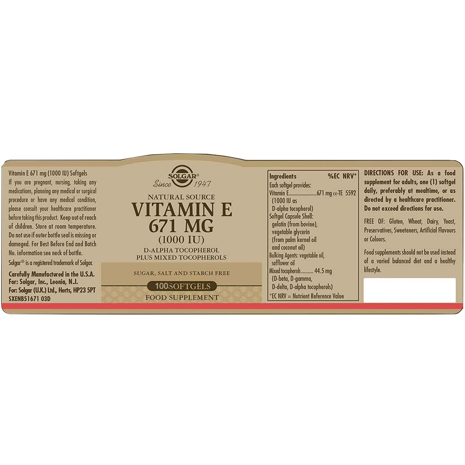 SOLGAR - Vitamin E 671mg (1000IU) - 100softgels