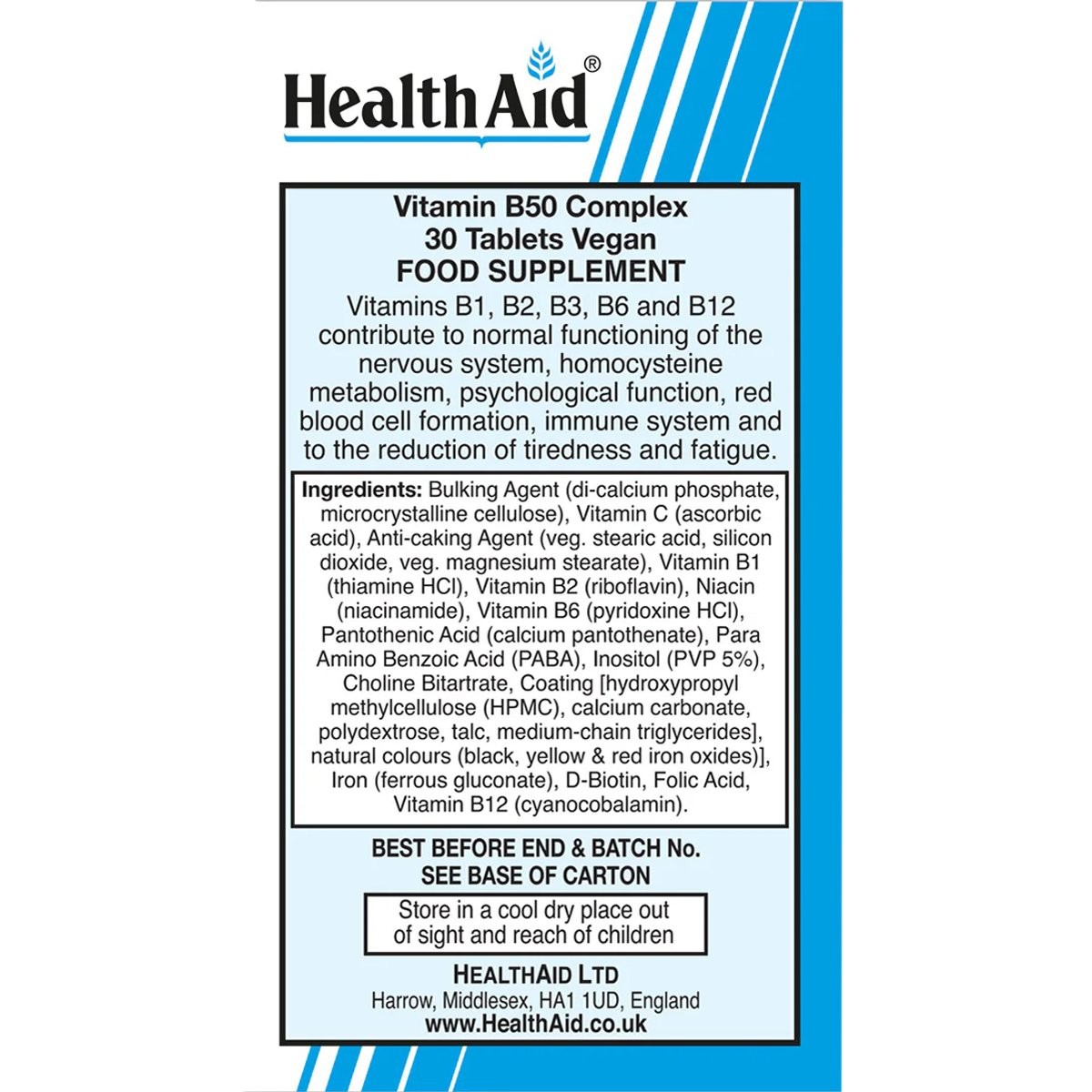 HEALTH AID - VEGAN Vitamin B50 Complex - 30tabs