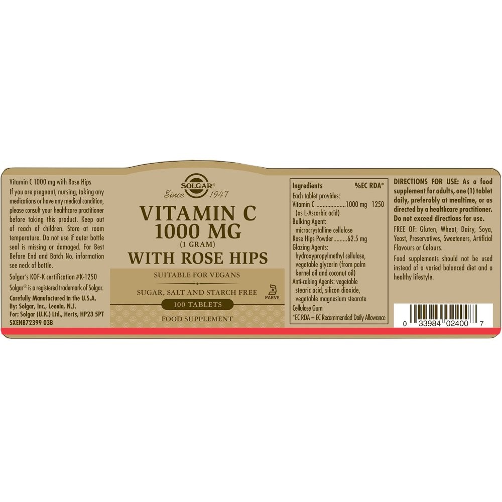 SOLGAR - Vitamin C 1000mg with Rose Hips - 100tabs