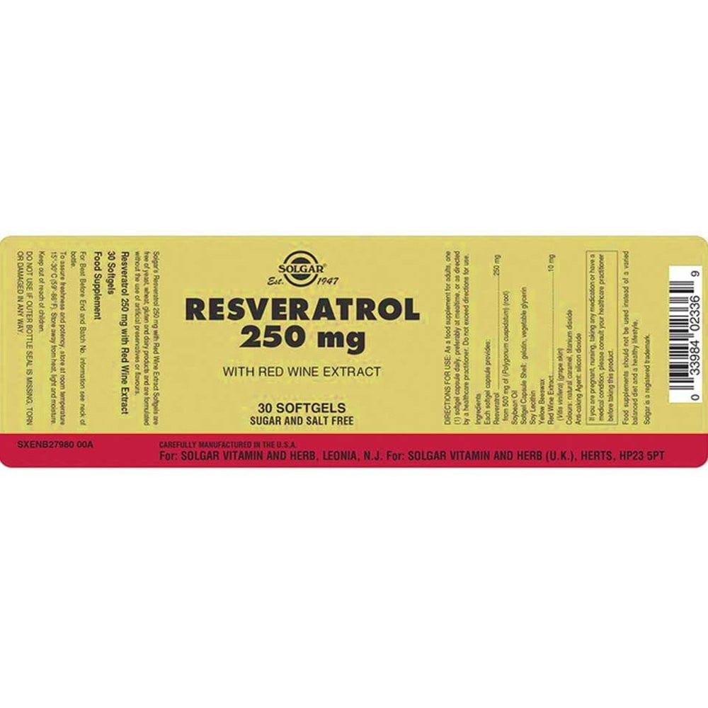SOLGAR - Resveratrol 250mg (with Red Wine extract) - 30softgels