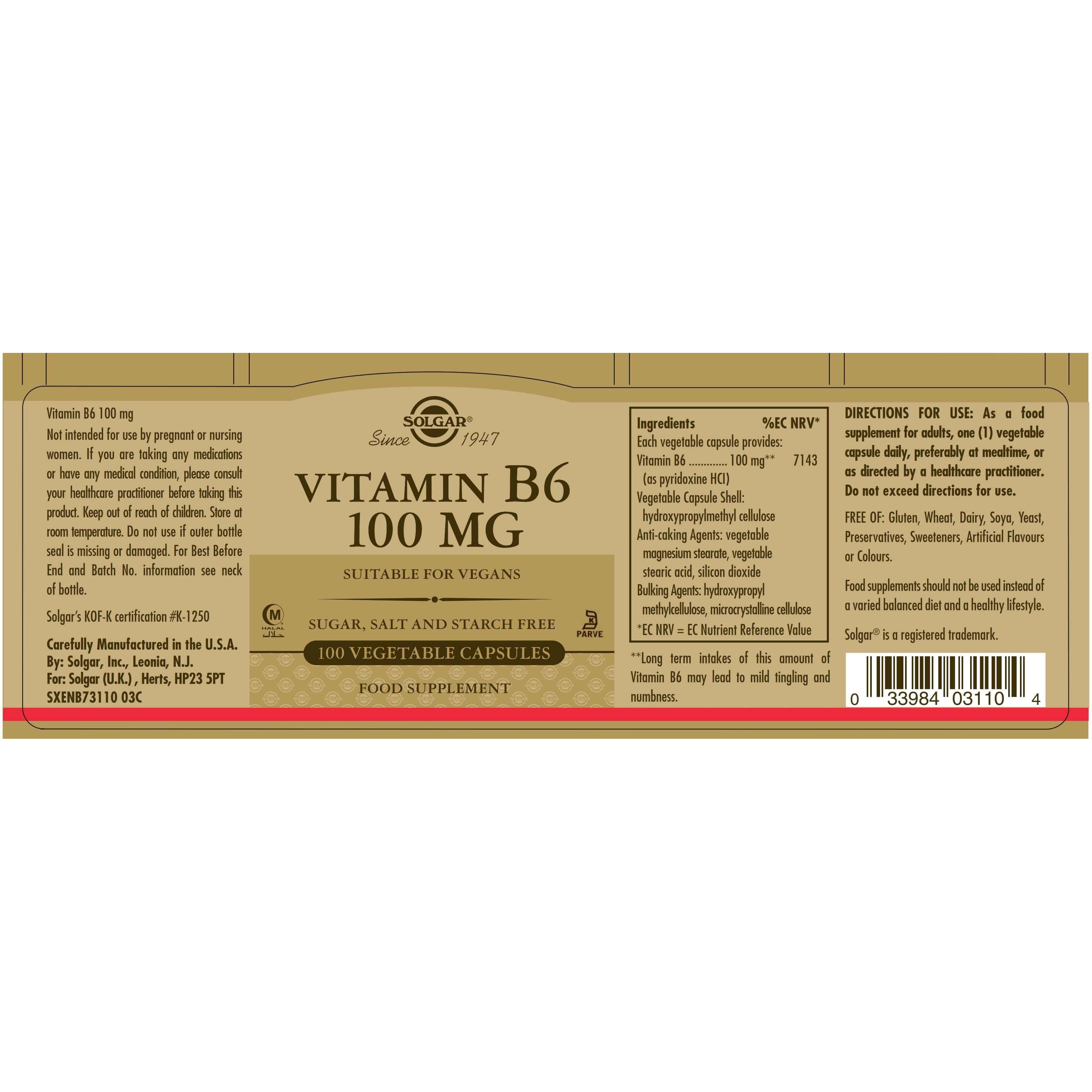 SOLGAR - Vitamin B6 100mg - 100caps