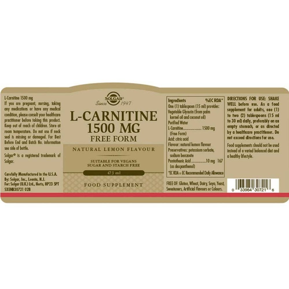 SOLGAR - L-CARNITINE 1500mg (Natural Lemon Flavour) - 473ml