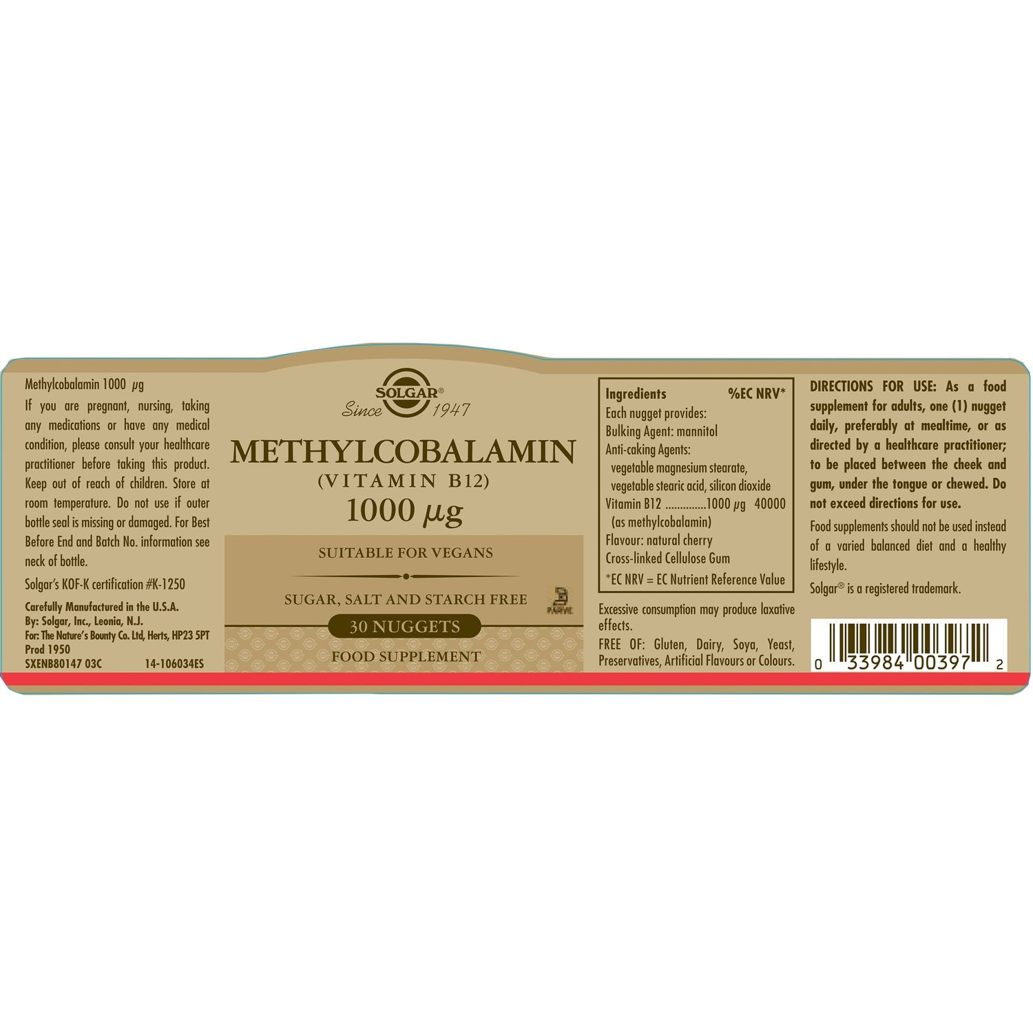 SOLGAR - Methylcobalamin (Vitamin B12) 1000μg - 30nuggets