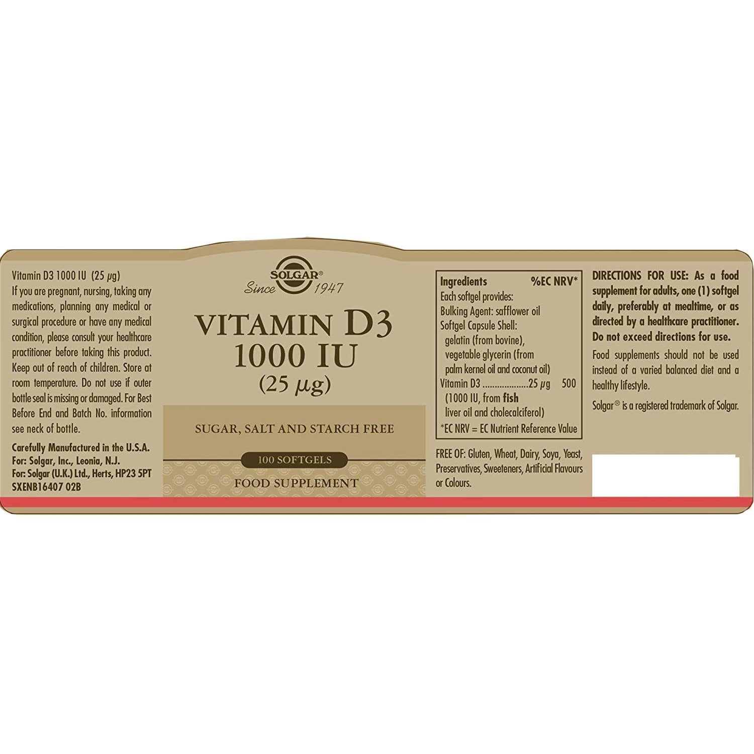 SOLGAR - Vitamin D3 1000IU (25μg) - 100softgels