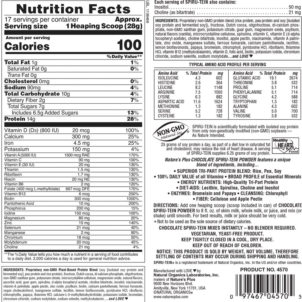 NATURES PLUS - SPIRU TEIN Chocolate - 476gr