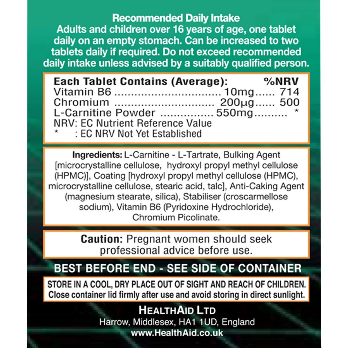 HEALTH AID - L-Carnitine 550mg with B6 & Chromium - 30tabs