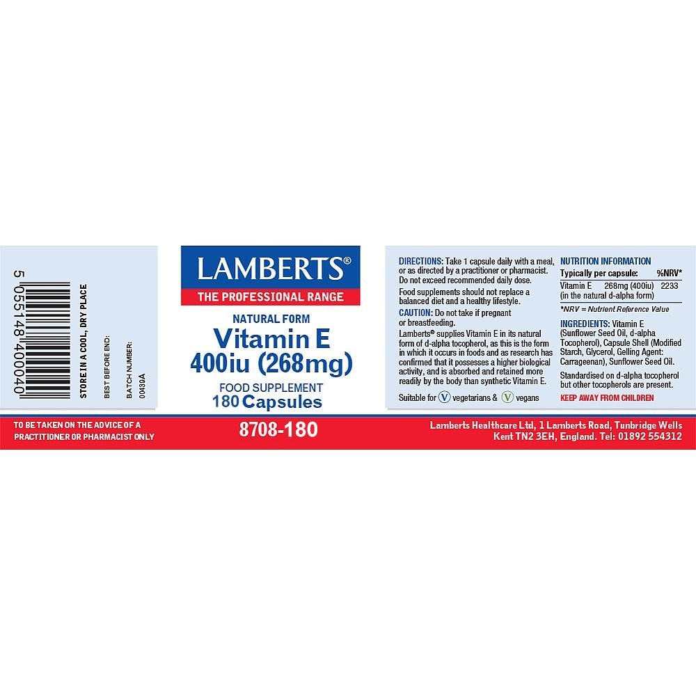 LAMBERTS - Vitamin E 400iu Natural Form - 180caps