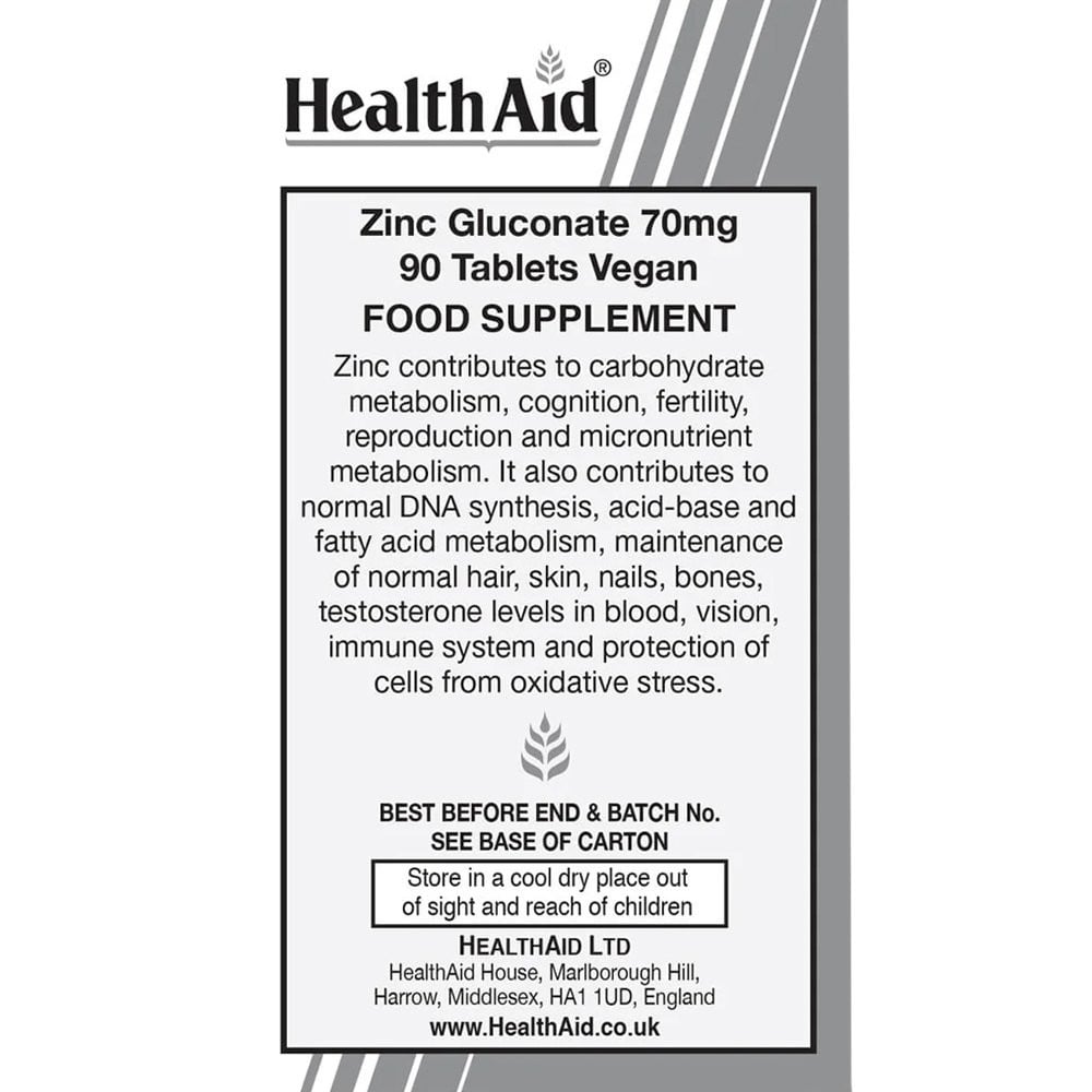 HEALTH AID - Zinc Gluconate 70mg - 90tabs