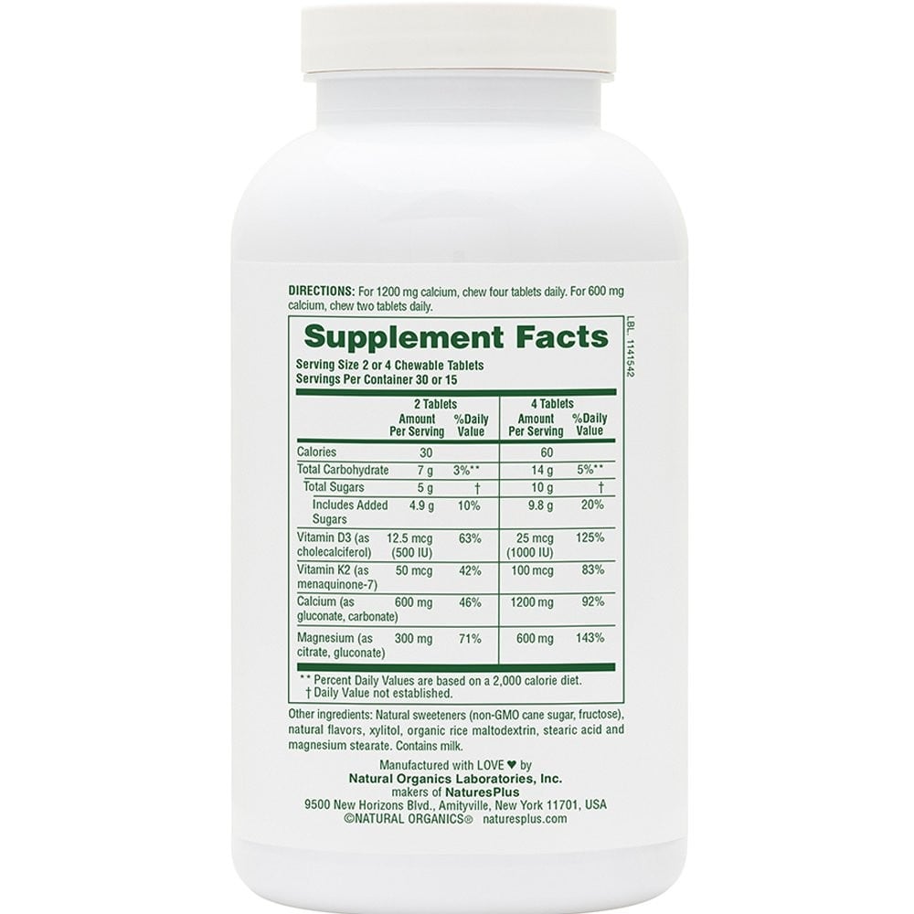 NATURES PLUS - Cal 1200mg/Mag 600mg/VitD3 1000iu with Vitamin K2 - 60chew.tabs (vanilla)