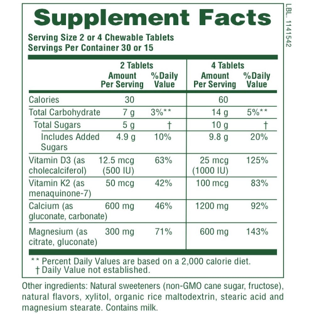 NATURES PLUS - Cal 1200mg/Mag 600mg/VitD3 1000iu with Vitamin K2 - 60chew.tabs (vanilla)