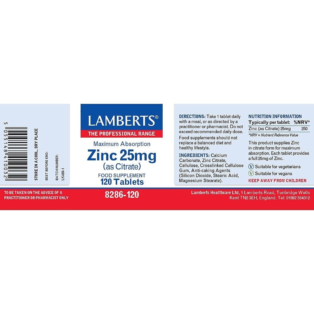 LAMBERTS - Zinc (as Citrate) 25mg - 120tabs