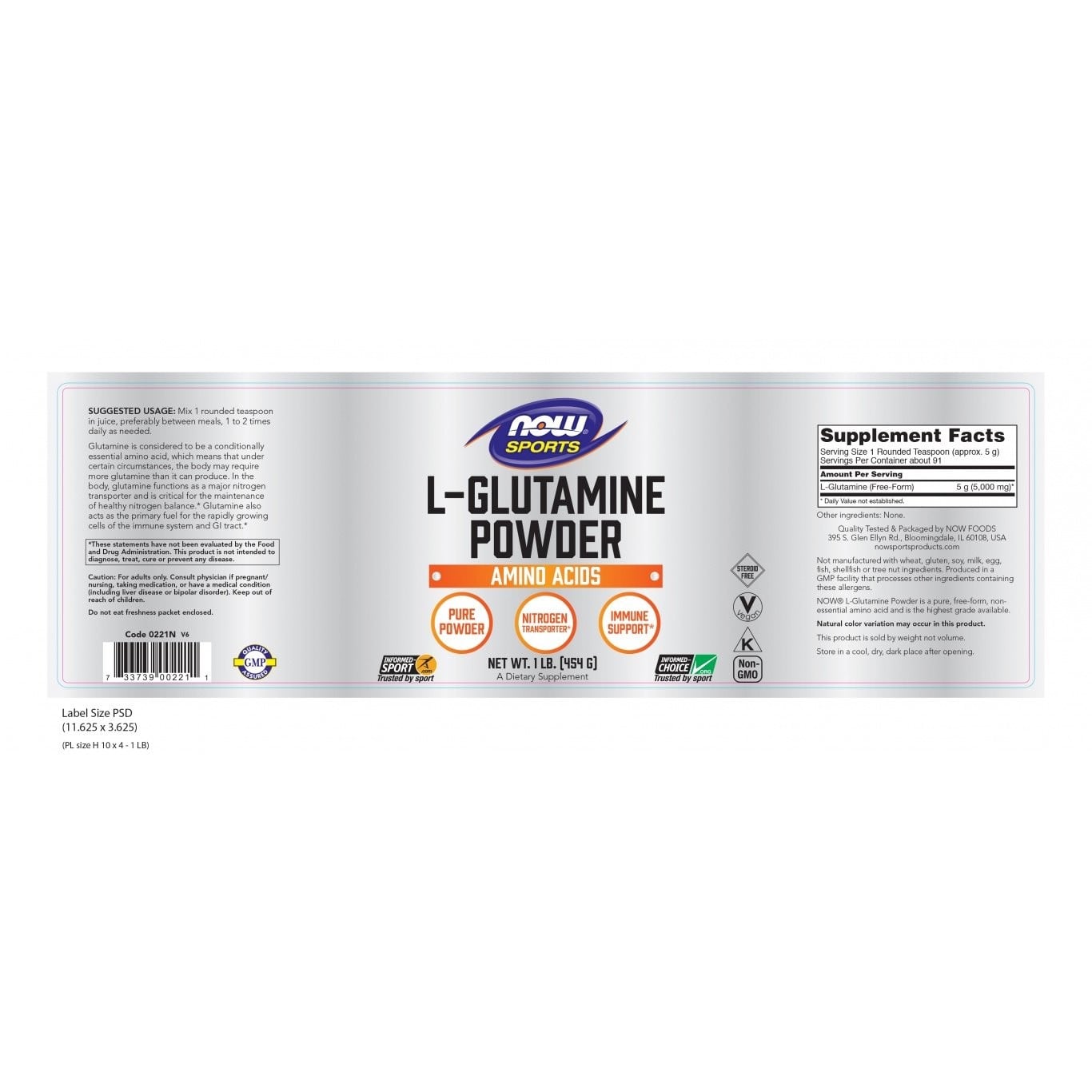 NOW - SPORTS L-Glutamine Powder Pure Free Form - 454gr