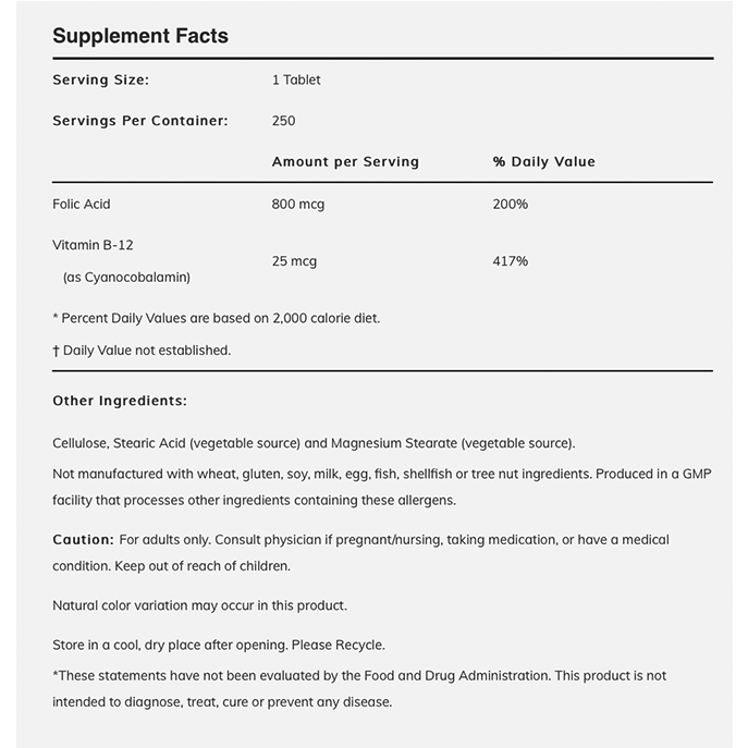 NOW - Folic Acid 800mcg with Vitamin B12 - 250tabs