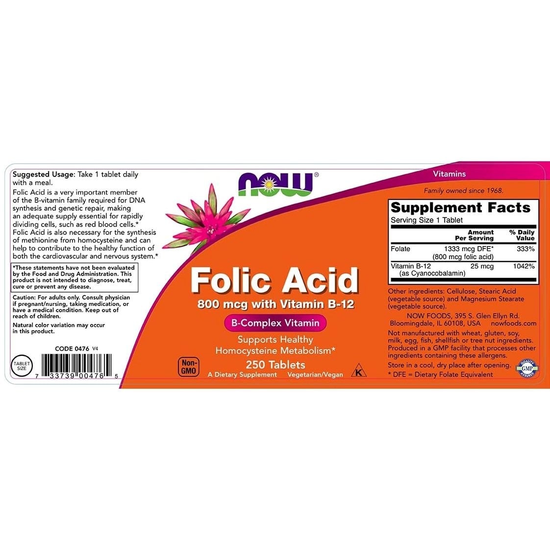 NOW - Folic Acid 800mcg with Vitamin B12 - 250tabs