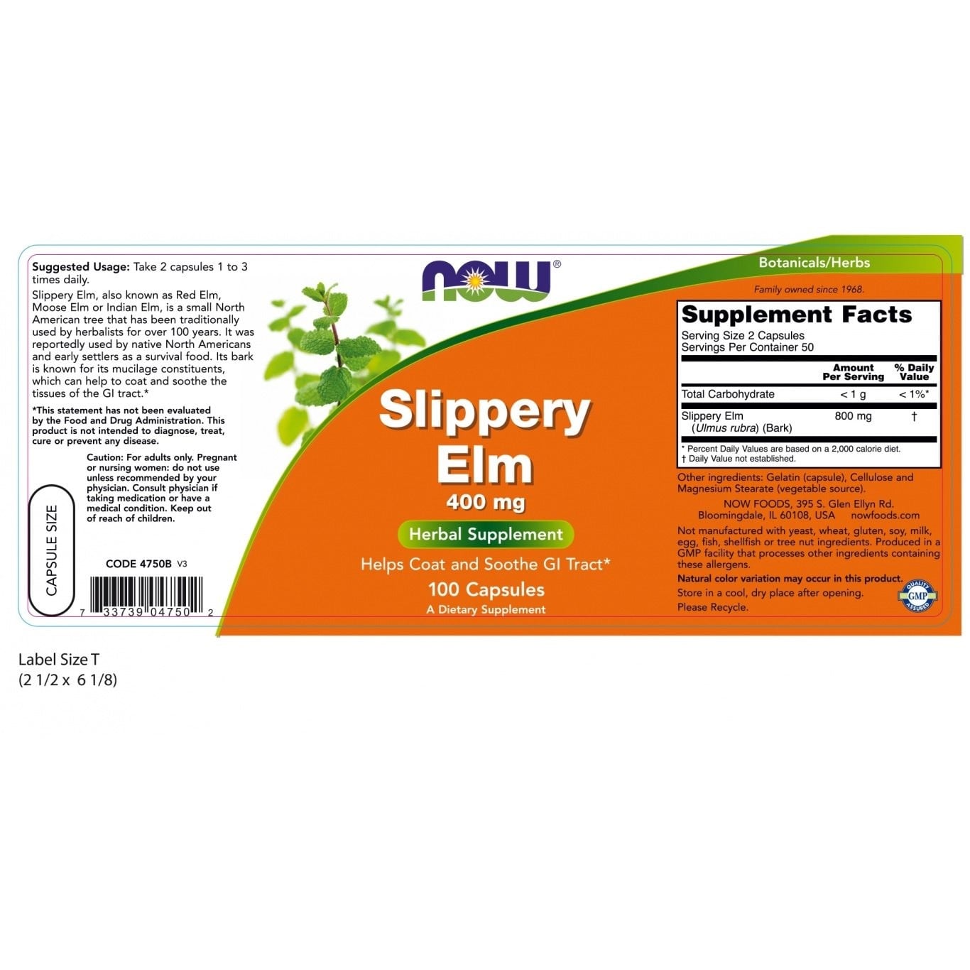 NOW - Slippery Elm 400mg - 100caps