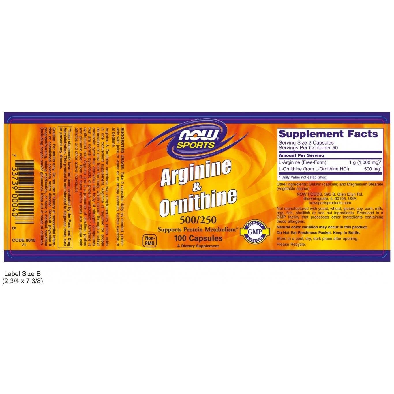 NOW - SPORTS Arginine & Ornithine 500/250 - 100caps