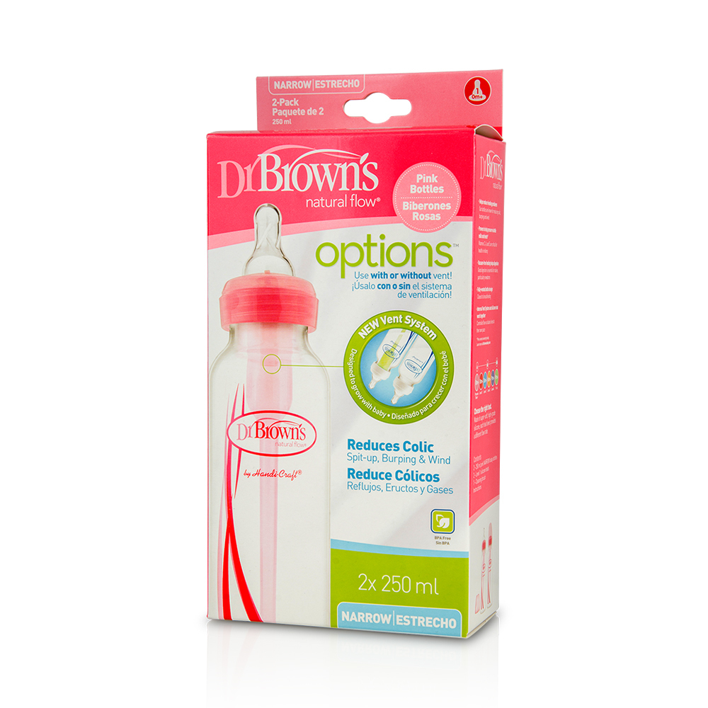 DR BROWN'S - NATURAL FLOW OPTIONS 2 Πλαστικά Μπιμπερό με Στενό Λαιμό 0m+ (Ροζ) - 250ml SB82305