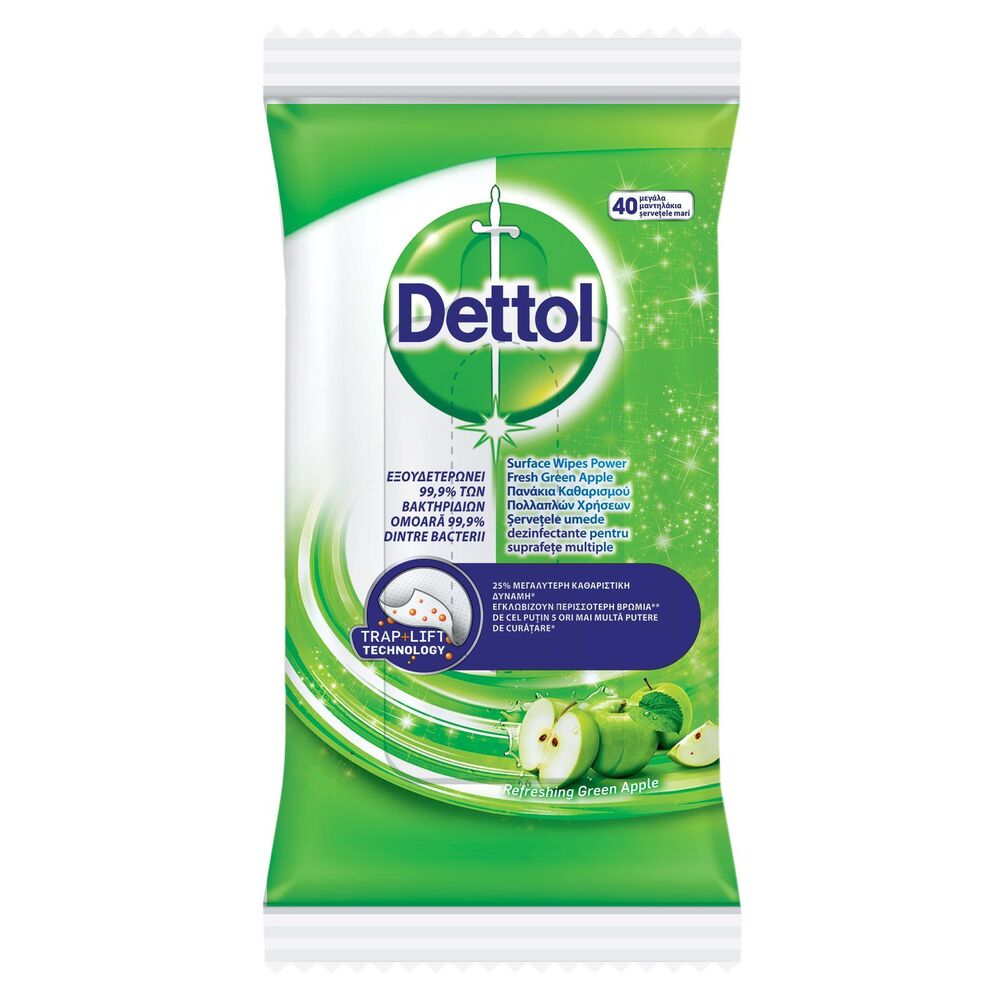 DETTOL - Αντιβακτηριδιακά Υγρά Πανάκια Καθαρισμού Πολλαπλών Χρήσεων με άρωμα Πράσινο Μήλο - 40τεμ.