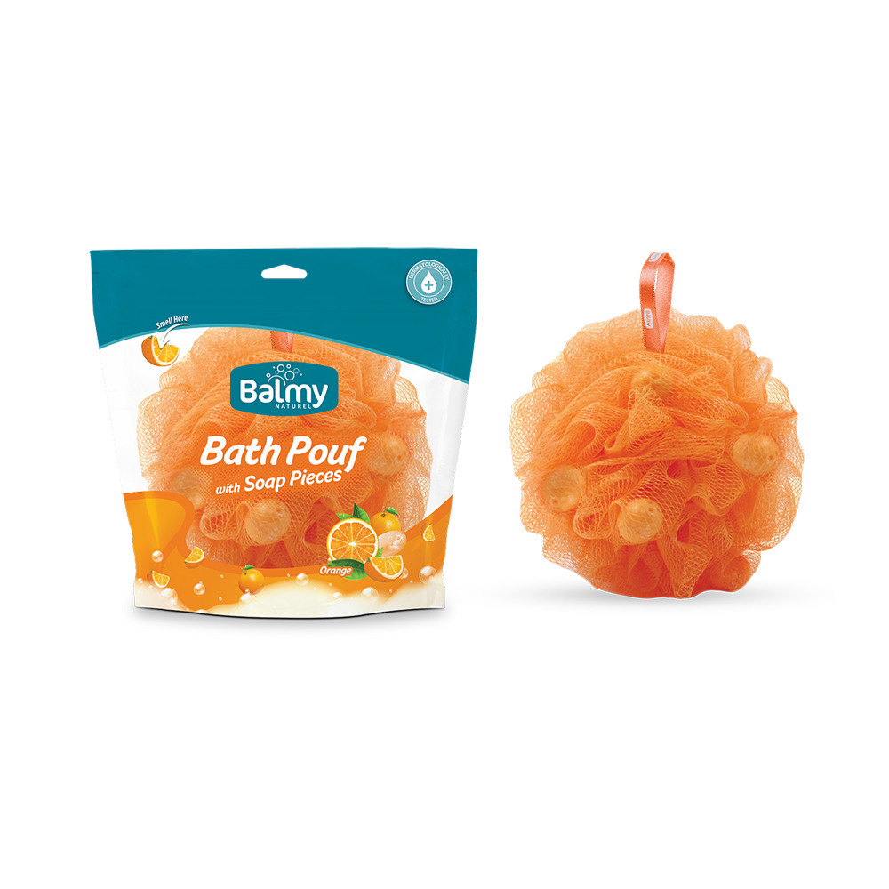BALMY NATUREL - Bath Pouf with soap pieces (orange)