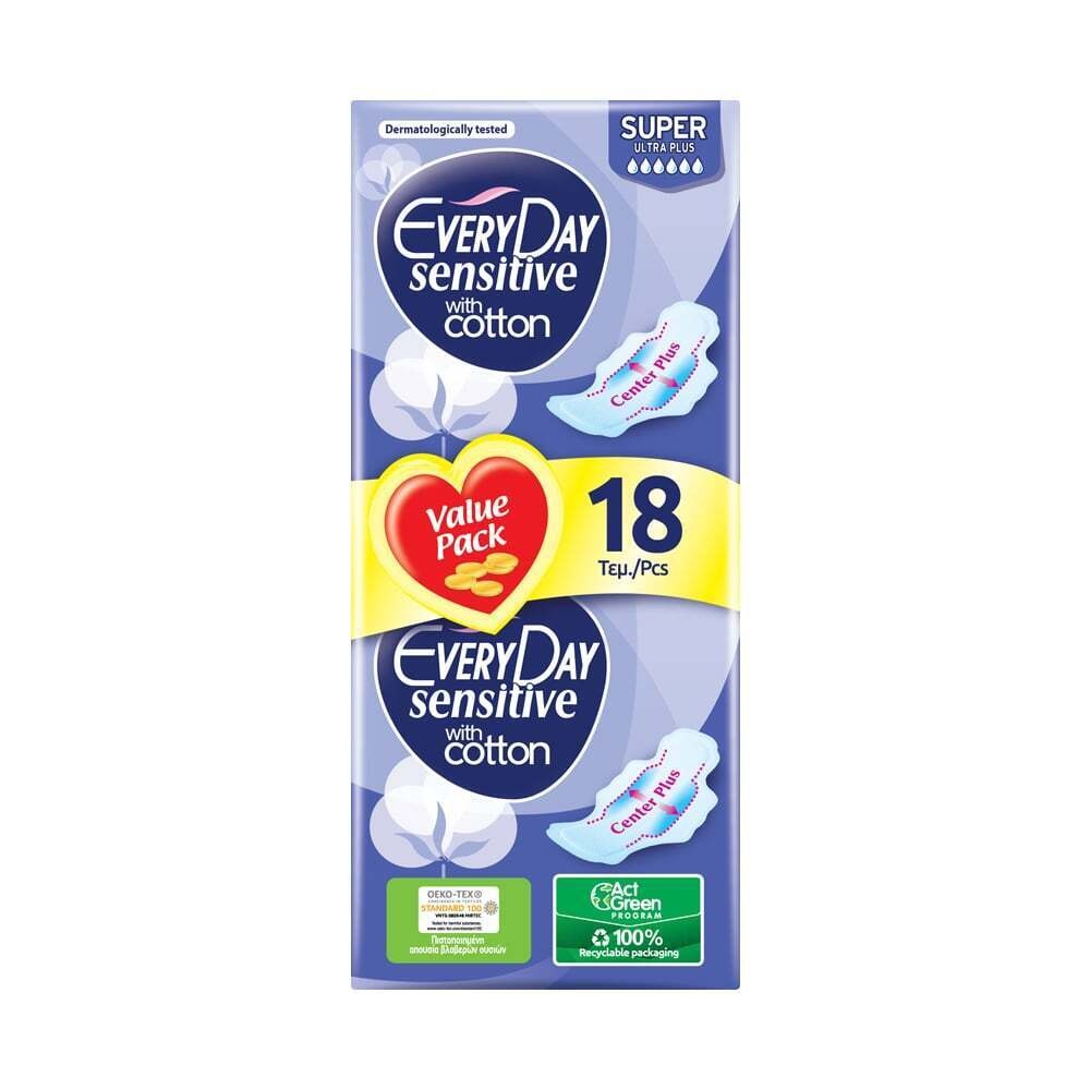 EVERYDAY - VALUE PACK SENSITIVE WITH COTTON Σερβιέτες Super Ultra Plus - 18τεμ.
