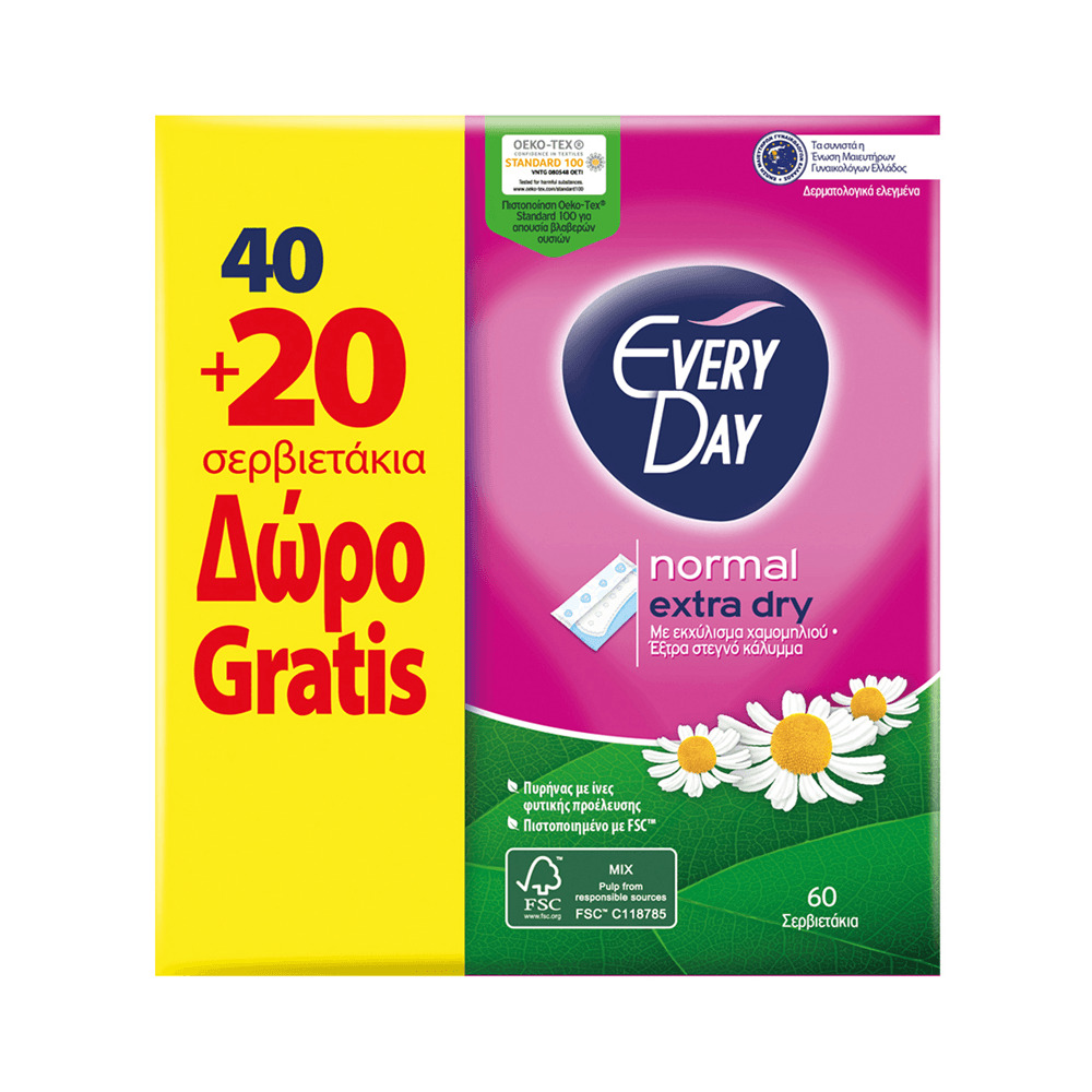 EVERYDAY - PROMO PACK 40+20 ΔΩΡΟ EXTRA DRY Σερβιετάκια Normal - 60τεμ.