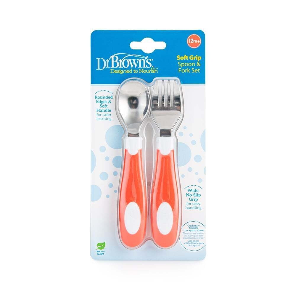 DR. BROWN'S - Soft Grip Spoon & Fork Set 12m+ (κοραλί) - 2τεμ. TF026