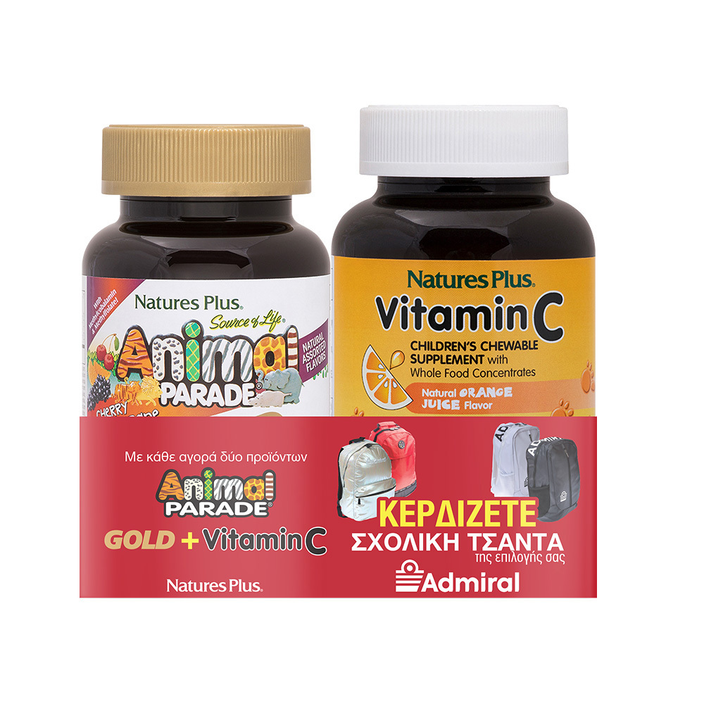 NATURES PLUS - PROMO PACK ANIMAL PARADE GOLD Multi Vitamin & Mineral (cherry, orange & grape) - 60chew.tabs & Vitamin C - 90tabs