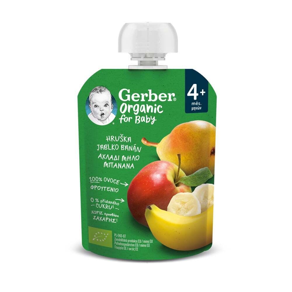 GERBER - ORGANIC FOR BABY Φρουτοπουρές αχλάδι, μήλο, μπανάνα (από 4m+) - 90gr