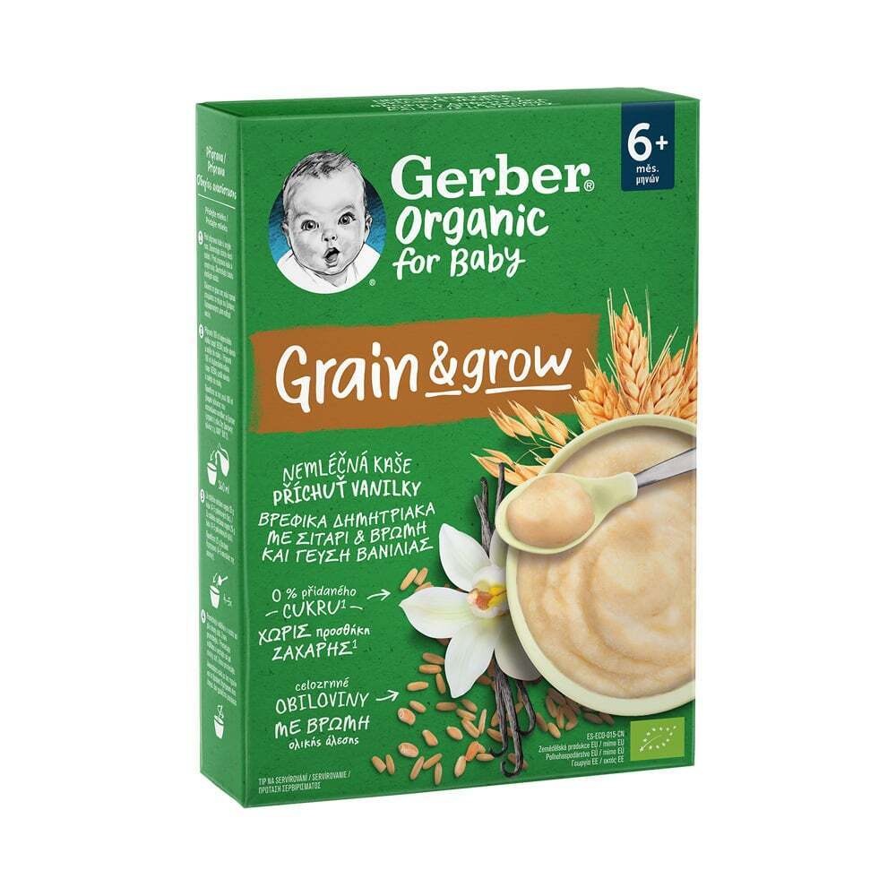 GERBER - ORGANIC FOR BABY Grain & Grow Βρεφικά Δημητριακά με σιτάρι & βρώμη & γεύση βανίλιας 6m+ - 200gr