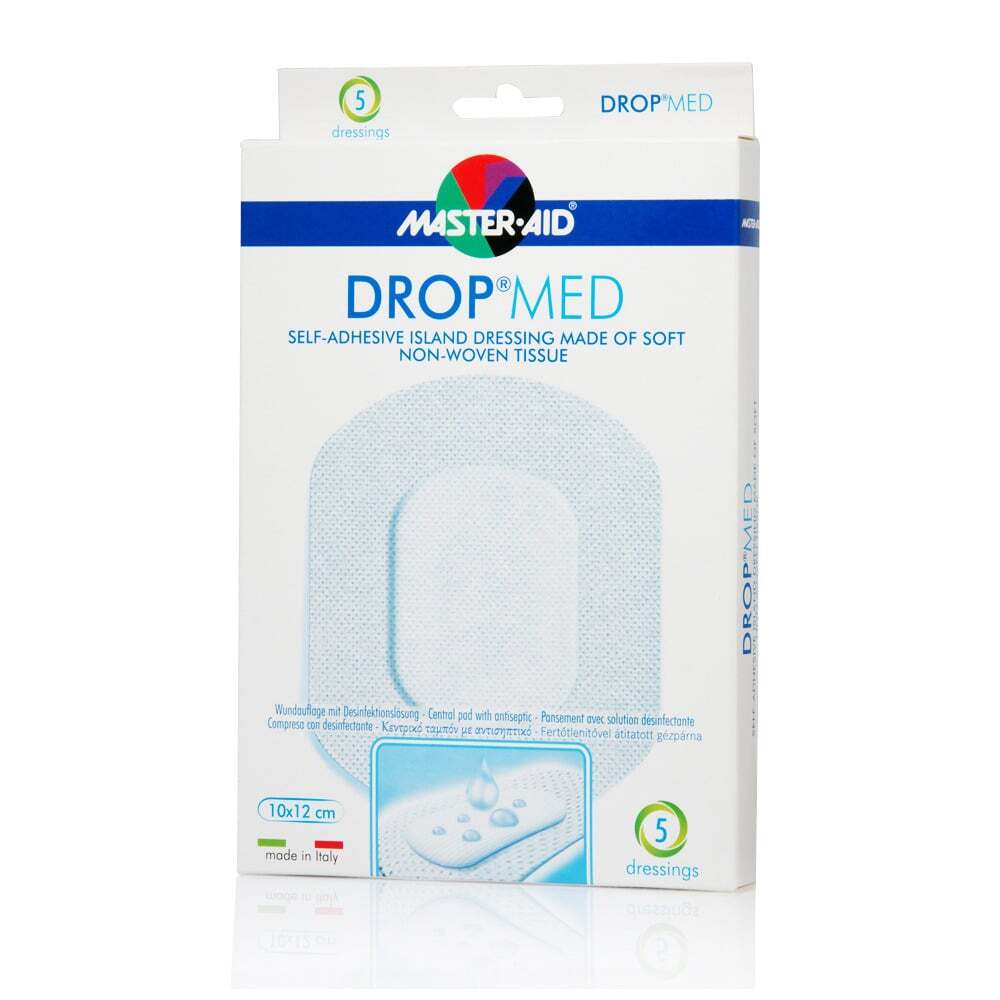 MASTER AID - DROP MED Αντικολλητικές, αυτοκόλλητες γάζες 10x12cm (Κεντρικό ταμπόν 5,5x7,2cm) - 5τεμ. 