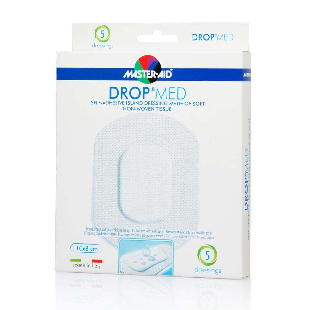 MASTER AID - DROP MED Αντικολλητικές, αυτοκόλλητες γάζες 10x8cm (Κεντρικό ταμπόν 5,6x4cm) - 5τεμ.