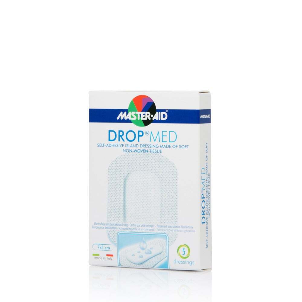 MASTER AID - DROP MED Αντικολλητικές, αυτοκόλλητες γάζες 5x7cm (Κεντρικό ταμπόν 4,2x2,6cm) - 5τεμ. 