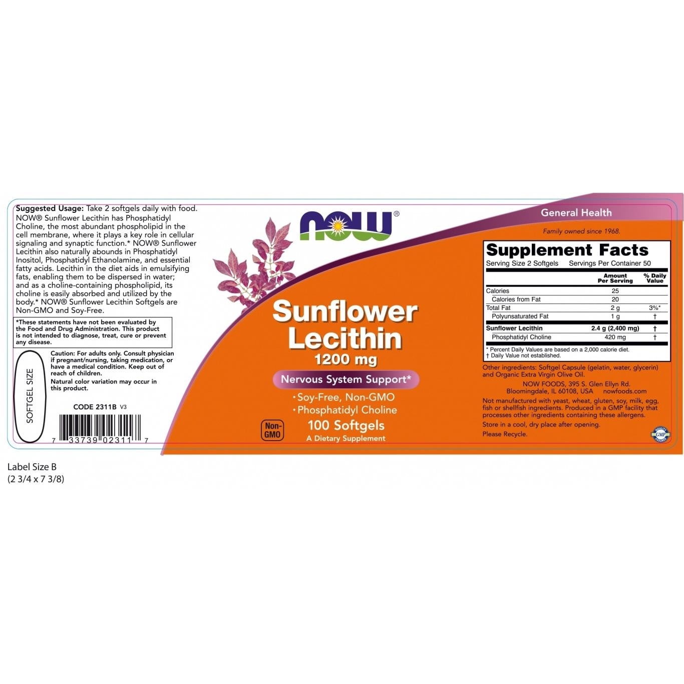NOW - Sunflower Lecithin 1200mg - 100softgels
