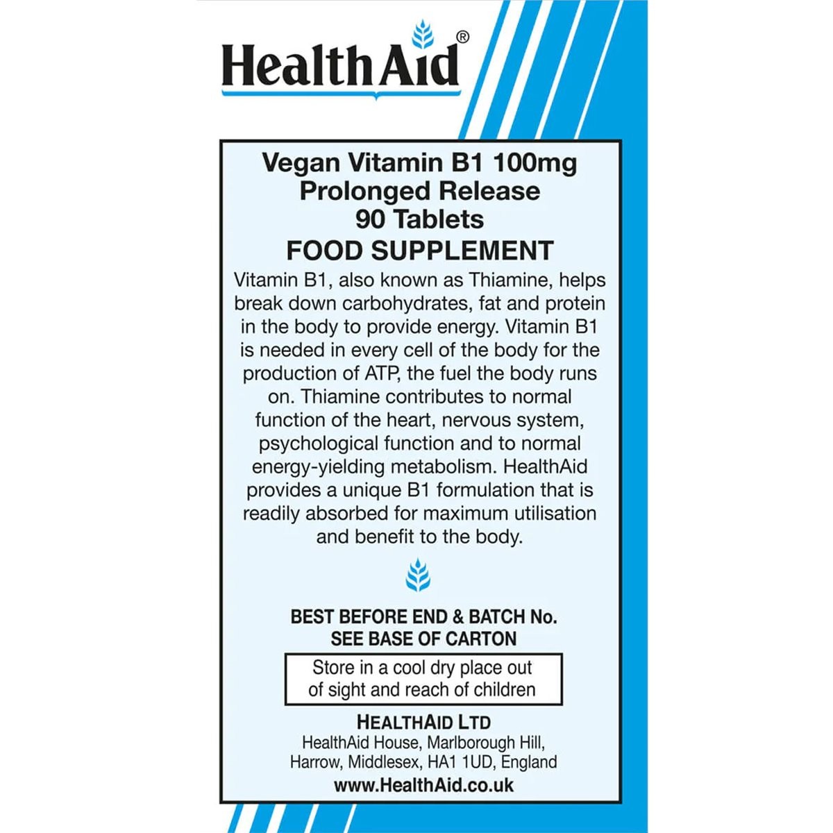HEALTH AID - VEGAN Vitamin Β1 100mg - 90tabs